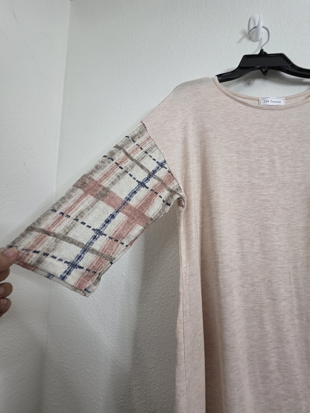 Ces Femme Womens Plaid Contrast Sleeve Pocket Top Medium Blush Pink - Picture 5 of 13